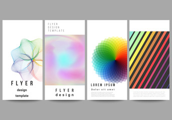 Abstract vector illustration of the editable layout of four modern vertical banners, flyers design business templates. Abstract colorful geometric backgrounds in minimalistic design to choose from