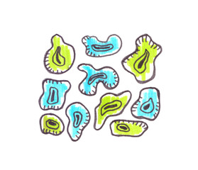 Set of simple abstract lime green and turquoise blue shapes and bubbles painted in highlighter felt tip pen on clean white background