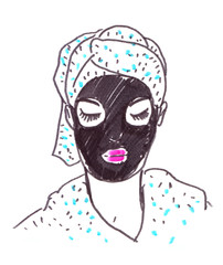 Portrait of a woman in white bathrobe and towel wrapped around head making moisturizing charcoal mask. Painted in highlighter felt tip pen on clean white background