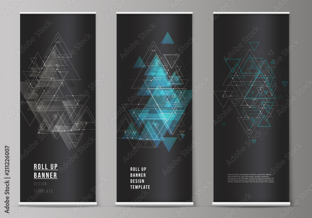 Poster the editable vector layout of roll up banner stands, vertical flyers, flags design business template