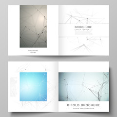 Vector layout of two covers templates for square design bifold brochure, flyer, booklet. Technology, science, medical concept. Molecule structure, connecting lines and dots. Futuristic background