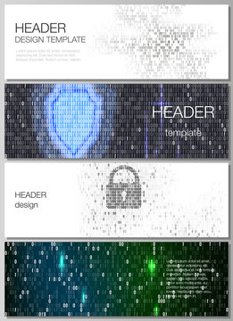 The minimalistic vector illustration of the editable layout of headers, banner design templates. Binary code background. AI, big data, coding or hacker concept, digital technology background.