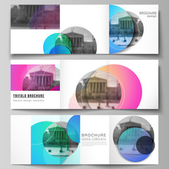 The minimal vector editable layout of two square format covers design templates for trifold square brochure, flyer, magazine. Creative modern bright background with colorful circles and round shapes.