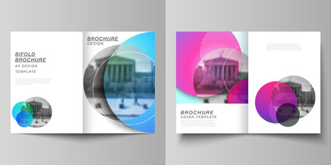 The vector layout of two A4 format cover mockups design templates for bifold brochure, magazine, flyer, booklet, annual report. Creative modern bright background with colorful circles and round shapes