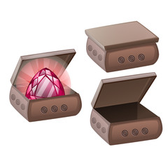 A set of clay caskets and red ruby isolated on white background. Vector cartoon close-up illustration.