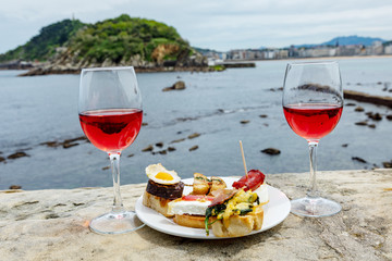 Wine and tapas on the beach of Donostia San Sebastian in Spain