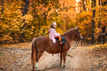 Charming little girl dressed like a princess rides a horse around the autumn forest - obrazy, fototapety, plakaty
