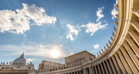 Saint Peter colonnade of papal Basilica at sunset, Rome, Italy, Rome St Peter in Vatican city is the most important church of Rome and the world. - obrazy, fototapety, plakaty