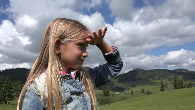 Child in Camping, Kid Admiring Nature Outdoor in Mountains, Tourist Little Girl