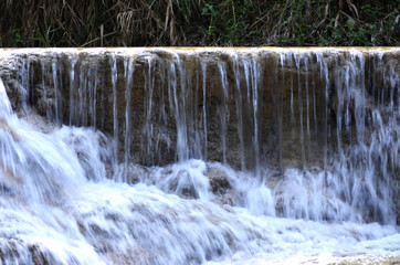Clear water falling over a shelf of brown rocks. A forest is behind the waterfall.