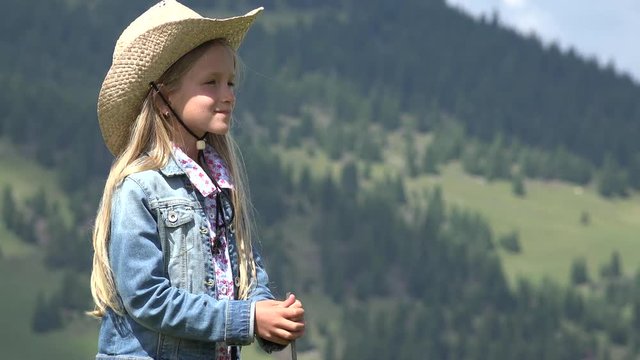 Cowboy Farmer Girl with Sheep in Mountains, Child Portrait Pasturing Animals 4K