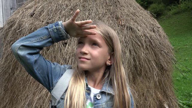 4K Girl Portrait at Camping, Child Admiring Nature Outdoor in Mountains