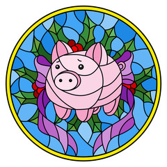 Illustration in stained glass style with abstract pink piggy Bank and Holly branches on blue background, round image