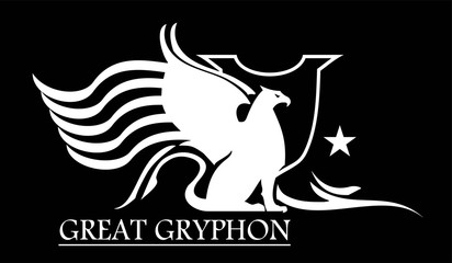 griffin, white gryphon on black background 