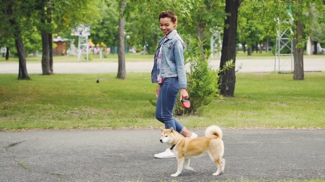 Slow motion side view of pretty girl walking purebred dog in city park enjoying nature and looking around. Healthy lifestyle, pet owners and cheerful youth concept.