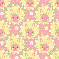 Funny bunny in a wreath of flowers, Seamless vector illustration with cute characters, vintage style