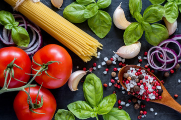 Tomatoes Basil Garlic and spices on a stone table. The concept of cooking. Top view