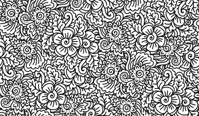 Black and white lineart doodle flowers vector seamless pattern tile, coloring book
