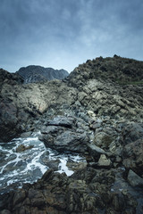Fototapeta na wymiar Waves and Rocks at Stormy Beach, Tasmania