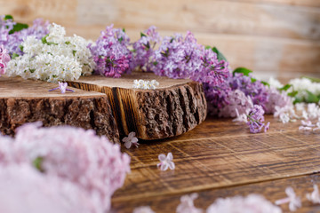 Obraz na płótnie Canvas Lilac flowers on a wooden log.