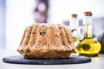 Pie with raisins and sugar powder