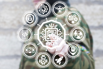 Soldier clicks a semiconductor button surrounded by specific icons. Circuit board integrate...