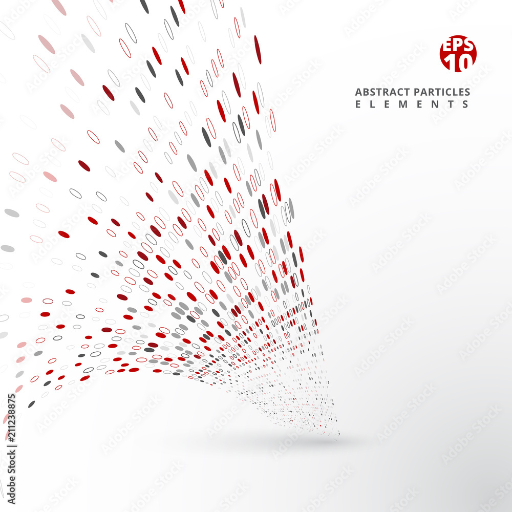 Poster abstract red and gray particles elements distort on white background.