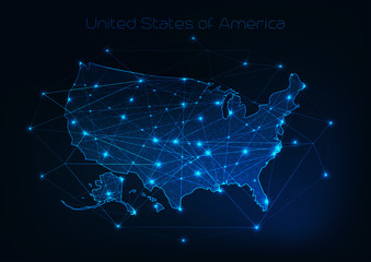 United States of America USA map outline with stars and lines abstract framework.