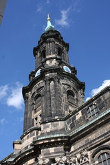 Fototapeta na wymiar Church tower in Dresden, Kreuzkirche, Germany, Europe