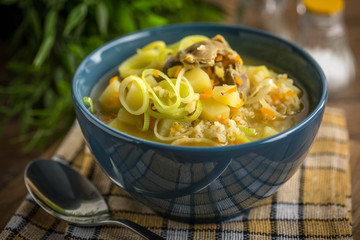 Soup with barley and chicken gizzards.
