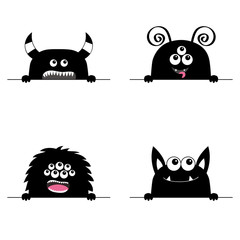 Monster scary face head icon set. Hands paw holding line. Horns fang teeth. Cute cartoon boo spooky character. Black silhouette. Kawaii funny baby. Happy Halloween. Flat design. White background