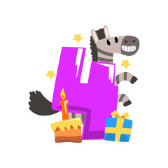 Sweet zebra and number four, Happy birthday, anniversary number with cute animal character vector Illustration on a white background