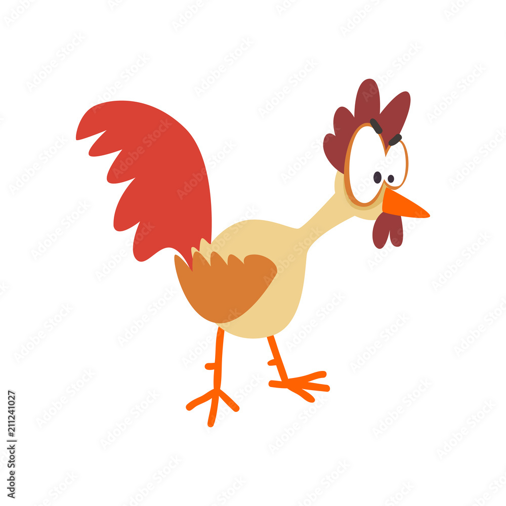 Sticker Funny hen looking at something, comic cartoon chicken bird character with big eyes vector Illustration on a white background