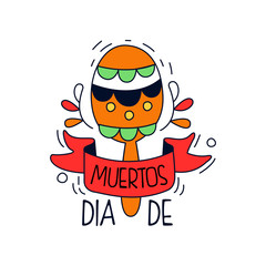 Dia De Los Muertos logo, traditional Mexican Day of the Dead design element with maraca, holiday party banner, poster, greeting card or invitation hand drawn vector Illustration