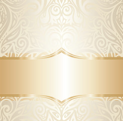 Floral wedding invitation wallpaper design in ecru & gold, with blank space