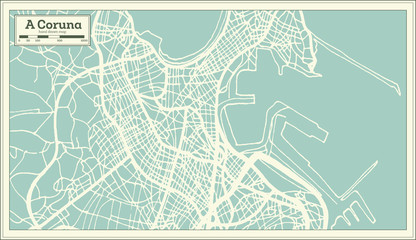 A Coruna Spain City Map in Retro Style. Outline Map.
