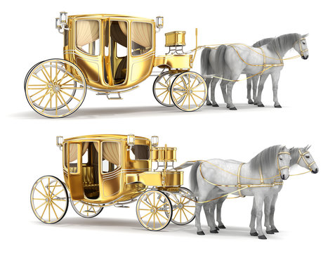 Golden coach with an open door, harnessed with a pair of white horses. Set of 3d illustrations