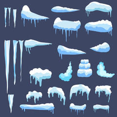Set of ice caps. Snowdrifts, icicles, elements winter decor. New year decoration kit for website. Isolated snow caps set on menu bar and buttons. Raster Icicles and snowflakes - obrazy, fototapety, plakaty