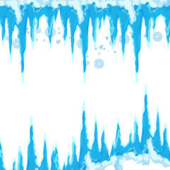 Set of ice caps. Snowdrifts, icicles, elements winter decor. New year decoration kit for website. Isolated snow caps set on menu bar and buttons. Raster Icicles and snowflakes - obrazy, fototapety, plakaty