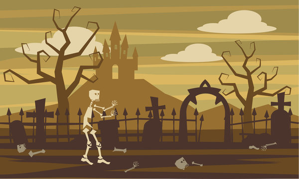 Mystic mysterious landscape, skeleton character cemetery, Halloween, castle, vector, illustration, isolated, cartoon style