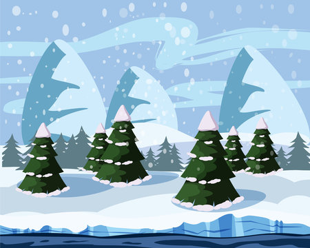 Winter cute landscape, christmas trees in the snow, river, mountains, vector, illustration, isolated, cartoon style