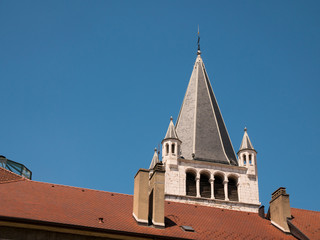 bell tower of a church in the center of Annecy, France