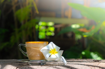 Cup of coffee on wood table in sunset time with soft light in morning time.