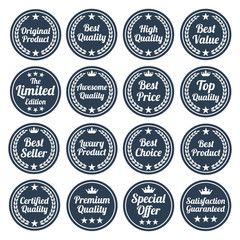 Collection of flat badges on white background.