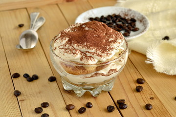 Tiramisu, dessert in a glass bowl