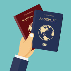 Red and blue passports in hand. Concept for travel, holiday, vacation. Flat  vector illustration.