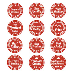 Collection of red flat badges on white background.