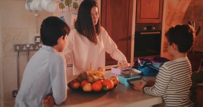 Young mother preparing lunch boxes with healthy food for children