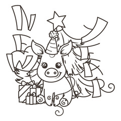 Happy New 2019 Year card with cartoon baby pig. Small symbol of holiday.