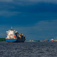 Fototapeta premium Blue container ship underway